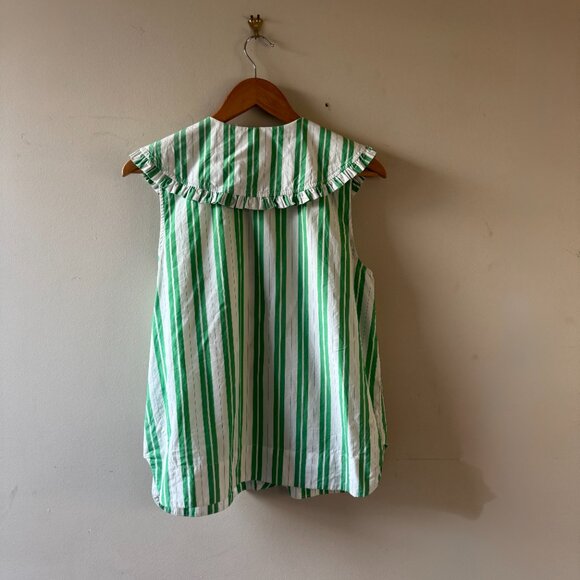 GANNI Green & White Striped Sleeveless Poplin Shirt – Ruffle Collar – Size 36 - Picture 4 of 4